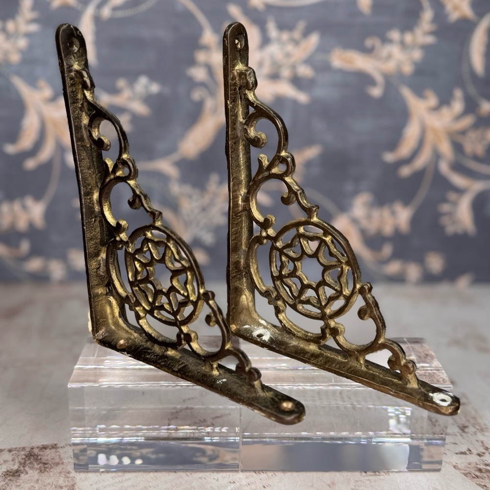 Estate Vintage Brass Shelf Brackets Pair Ornate Gold Tone Heavy